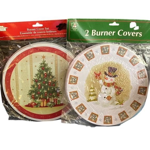 NEW Vintage Christmas Burner Covers For Stove Set Of Four Holiday Snowman Tree - Picture 1 of 6